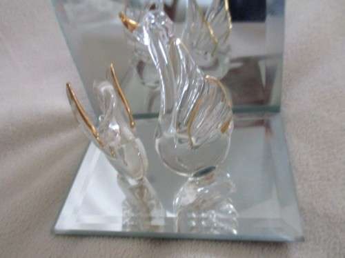 SO DELICATE AND ENCHANTING - GLASS SWANS ON A PAIR OF MIRROR STANDS -  LITTLE CARD/DIARY STANDS?