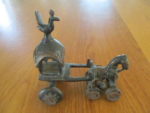 ANTIQUE BRONZE INDIAN TEMPLE CARRIAGE DRAWN BY HORSE (ROTATING WHEELS)