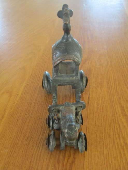 ANTIQUE BRONZE INDIAN TEMPLE CARRIAGE DRAWN BY HORSE (ROTATING WHEELS)