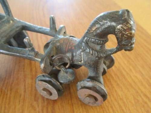 ANTIQUE BRONZE INDIAN TEMPLE CARRIAGE DRAWN BY HORSE (ROTATING WHEELS)