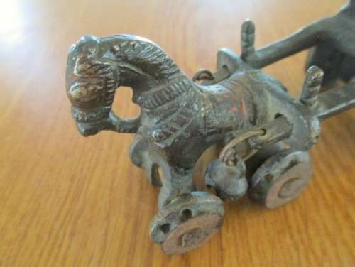 ANTIQUE BRONZE INDIAN TEMPLE CARRIAGE DRAWN BY HORSE (ROTATING WHEELS)