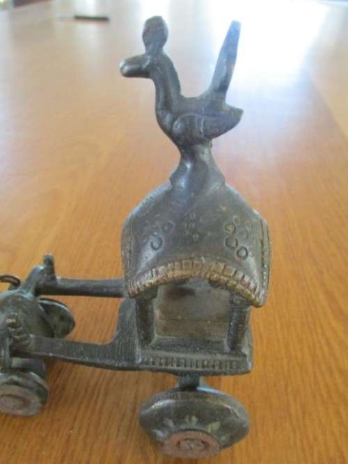 ANTIQUE BRONZE INDIAN TEMPLE CARRIAGE DRAWN BY HORSE (ROTATING WHEELS)