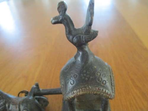 ANTIQUE BRONZE INDIAN TEMPLE CARRIAGE DRAWN BY HORSE (ROTATING WHEELS)