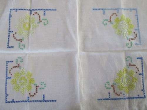 VINTAGE HAND EMBROIDERED CROSS STITCH CLOTH WITH FLORAL DESIGN AND HAND CROCHETED BORDER