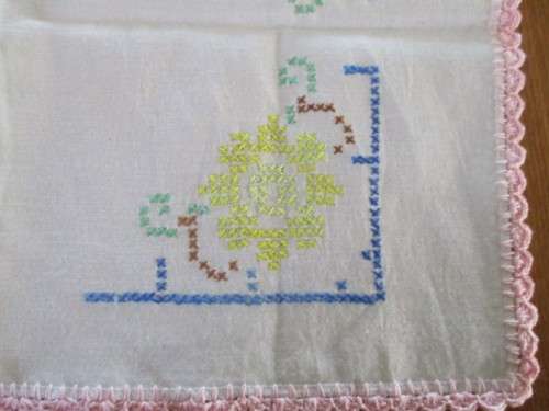 VINTAGE HAND EMBROIDERED CROSS STITCH CLOTH WITH FLORAL DESIGN AND HAND CROCHETED BORDER