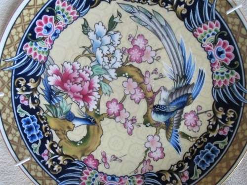 BEAUTIFUL IMARI DISPLAY PLATE WITH HANGER - SIGNED - EXOTIC BIRD AND FLORAL DESIGN WITH GILT BORDER