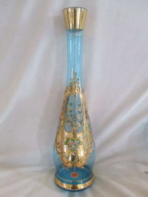 BEAUTIFUL COLOUR - VINTAGE HAND PAINTED MURANO? GLASS AND DECANTER SET - MADE IN ITALY