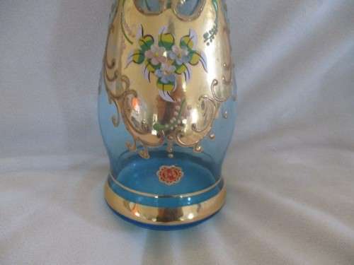 BEAUTIFUL COLOUR - VINTAGE HAND PAINTED MURANO? GLASS AND DECANTER SET - MADE IN ITALY