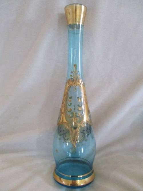BEAUTIFUL COLOUR - VINTAGE HAND PAINTED MURANO? GLASS AND DECANTER SET - MADE IN ITALY