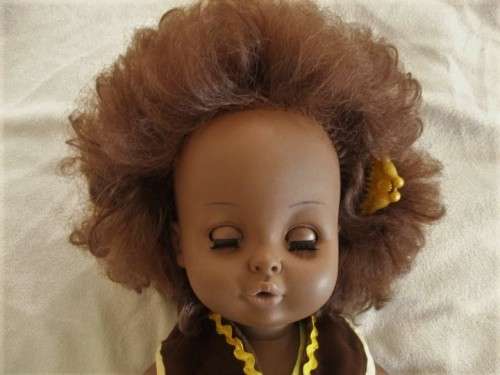ULTRA RARE!!  41CM TALL BLACK BABY LOVE FIRST LOVE DOLL WITH BROWN EYES AND TINA TURNER  STYLE HAIR