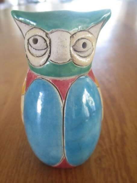 SMALL COLLECTABLE SIGNED RAKU OWL - TURQUOISE HEAD  (GREAT CONDITION - IGNORE REFLECTIONS)