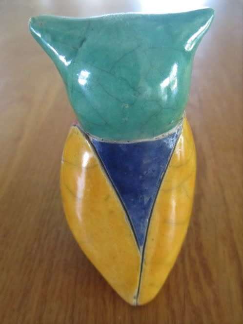 SMALL COLLECTABLE SIGNED RAKU OWL - TURQUOISE HEAD  (GREAT CONDITION - IGNORE REFLECTIONS)