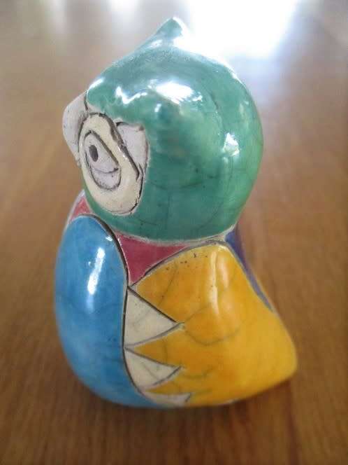 SMALL COLLECTABLE SIGNED RAKU OWL - TURQUOISE HEAD  (GREAT CONDITION - IGNORE REFLECTIONS)