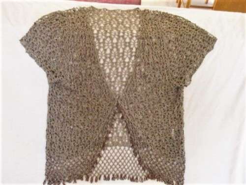 BEAUTIFUL CROCHETED AND BEADED SHORT SLEEVE CARDIGAN IN ANTIQUE BRONZE COLOUR (TO FIT SIZE 38/40)