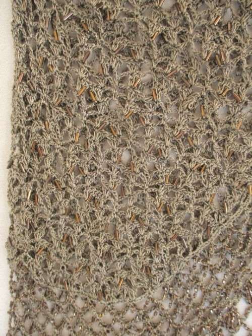 BEAUTIFUL CROCHETED AND BEADED SHORT SLEEVE CARDIGAN IN ANTIQUE BRONZE COLOUR (TO FIT SIZE 38/40)