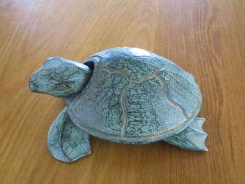 TWO VINTAGE MALAYAN TURTLES - TRINKET BOX AND CANDLE/INCENSE HOLDER PLUS TINY STONE & BRASS TORTOISE