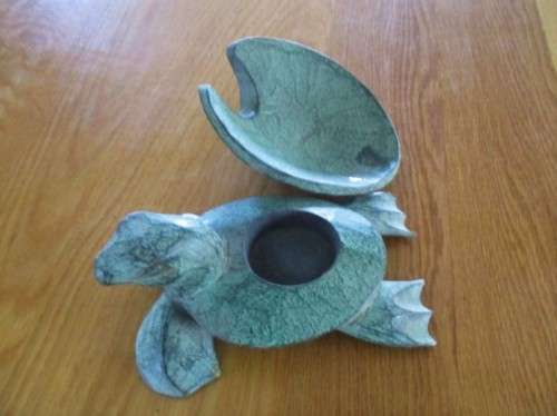 TWO VINTAGE MALAYAN TURTLES - TRINKET BOX AND CANDLE/INCENSE HOLDER PLUS TINY STONE & BRASS TORTOISE