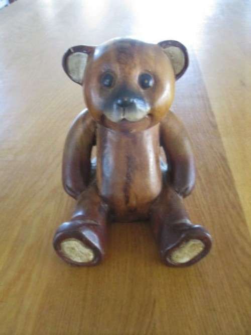 VINTAGE HAND CARVED SOLID WOOD TEDDY BEAR
