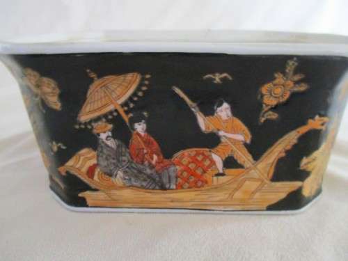 A VINTAGE ORIENTAL CERAMIC BONSAI PLANTER WITH FIGURES IN DRAGON BOAT - UNUSUAL MARKING ON BASE