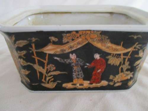 A VINTAGE ORIENTAL CERAMIC BONSAI PLANTER WITH FIGURES IN DRAGON BOAT - UNUSUAL MARKING ON BASE