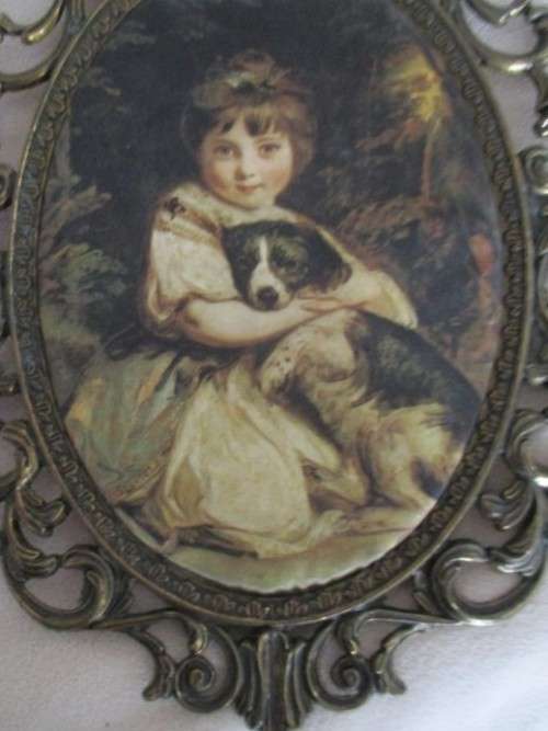 DELIGHTFUL VINTAGE ITALIAN SILK DEPICTING LITTLE GIRL WITH HER DOG - FRAMED IN BRASS