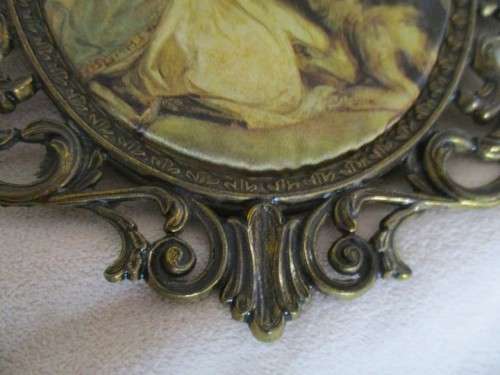 DELIGHTFUL VINTAGE ITALIAN SILK DEPICTING LITTLE GIRL WITH HER DOG - FRAMED IN BRASS