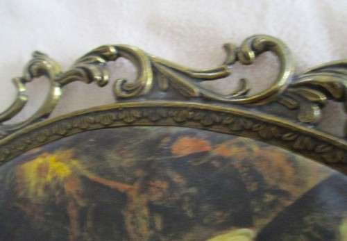 DELIGHTFUL VINTAGE ITALIAN SILK DEPICTING LITTLE GIRL WITH HER DOG - FRAMED IN BRASS