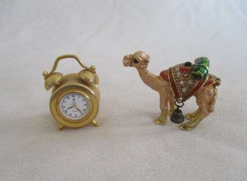 TWO QUALITY PRINTER`S TRAY ORNAMENTS - CAMEL TRINKET HOLDER AND ALARM CLOCK