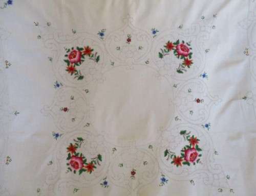 AN AWESOME LARGE EMBROIDERED TABLE CLOTH WITH DETAILED EMBROIDERY AND IN EXCELLENT CONDITION