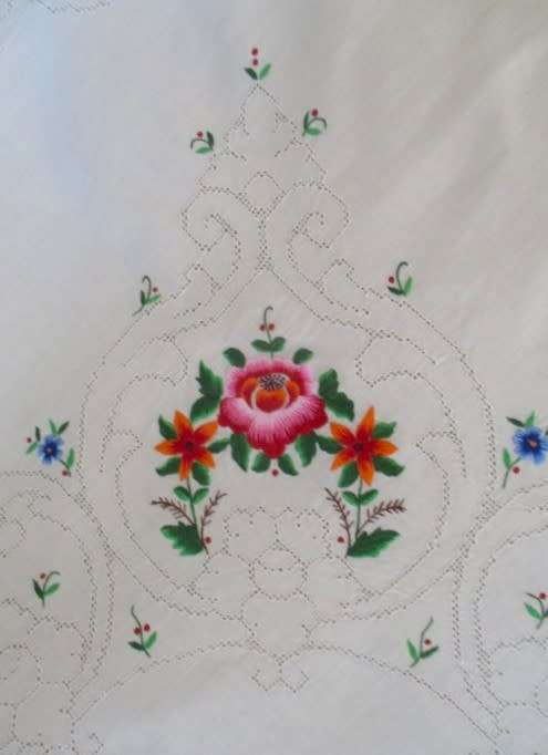 AN AWESOME LARGE EMBROIDERED TABLE CLOTH WITH DETAILED EMBROIDERY AND IN EXCELLENT CONDITION