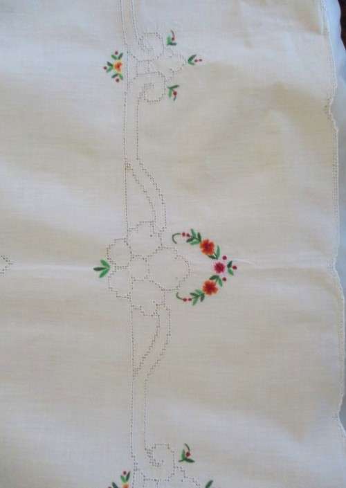 AN AWESOME LARGE EMBROIDERED TABLE CLOTH WITH DETAILED EMBROIDERY AND IN EXCELLENT CONDITION