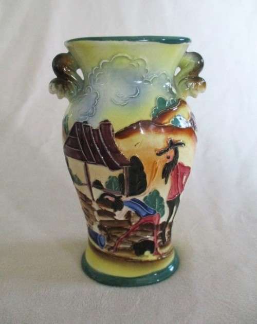 VINTAGE MAJOLICA /FAIENCE VASE WITH RAISED DETAIL AND SQUIRREL HANDLES