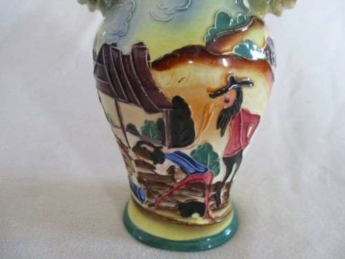 VINTAGE MAJOLICA /FAIENCE VASE WITH RAISED DETAIL AND SQUIRREL HANDLES