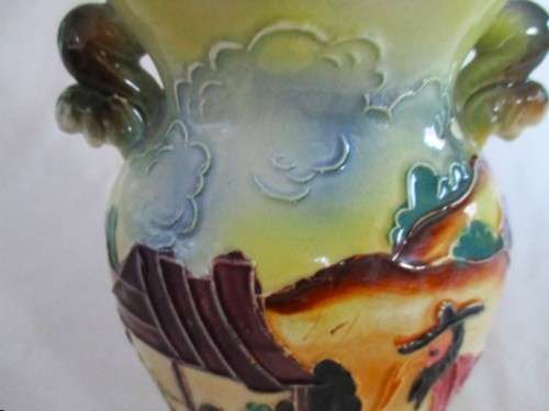 VINTAGE MAJOLICA /FAIENCE VASE WITH RAISED DETAIL AND SQUIRREL HANDLES
