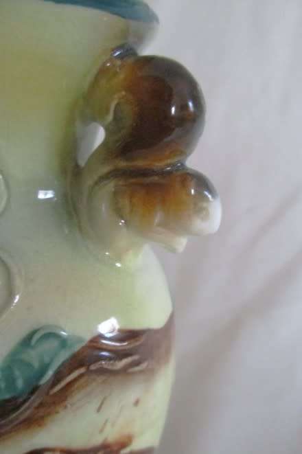VINTAGE MAJOLICA /FAIENCE VASE WITH RAISED DETAIL AND SQUIRREL HANDLES