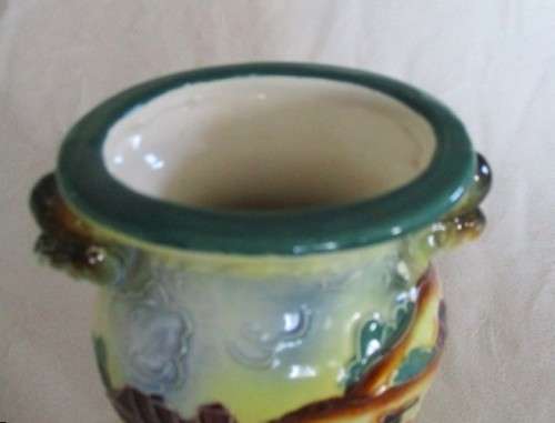 VINTAGE MAJOLICA /FAIENCE VASE WITH RAISED DETAIL AND SQUIRREL HANDLES