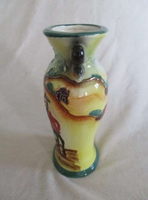 VINTAGE MAJOLICA /FAIENCE VASE WITH RAISED DETAIL AND SQUIRREL HANDLES