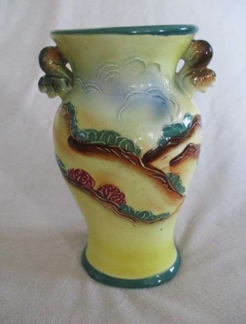 VINTAGE MAJOLICA /FAIENCE VASE WITH RAISED DETAIL AND SQUIRREL HANDLES