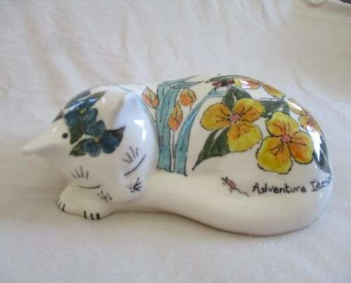 A CAT NAMED GRACE - VINTAGE LARGE  HAND PAINTED FLORAL PORCELAIN CAT