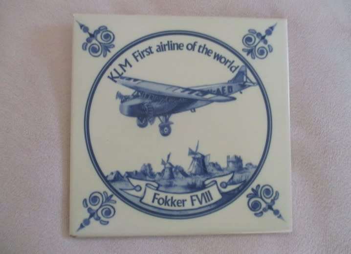 ULTRA RARE!! VINTAGE KLM TILE OF FOKKER FVIII - ROYAL MOSA DELFT, HOLLAND