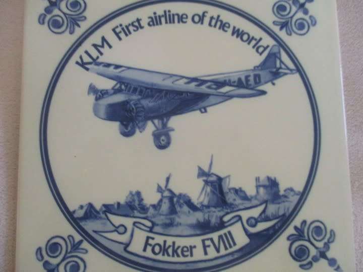 ULTRA RARE!! VINTAGE KLM TILE OF FOKKER FVIII - ROYAL MOSA DELFT, HOLLAND