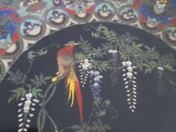 FOR LINX 69 ONLY -  MEIJI PERIOD (1868-1912) CLOISONNE PLATE WITH EXOTIC BIRD, WISTERIA AND IRISES