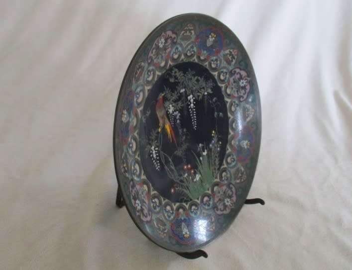 FOR LINX 69 ONLY -  MEIJI PERIOD (1868-1912) CLOISONNE PLATE WITH EXOTIC BIRD, WISTERIA AND IRISES
