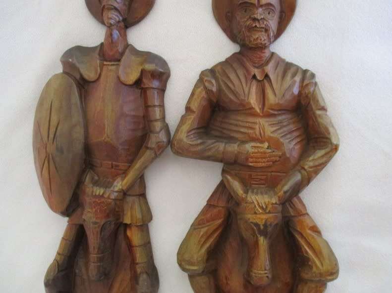 DON QUIXOTE AND SANCHO PANZA - TWO HAND CARVED WOODEN PLAQUES - QUIRKY DECOR!!