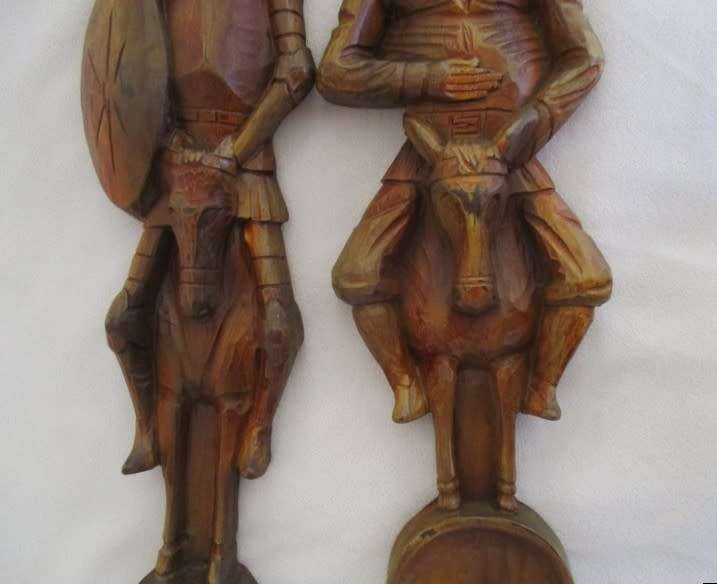 DON QUIXOTE AND SANCHO PANZA - TWO HAND CARVED WOODEN PLAQUES - QUIRKY DECOR!!