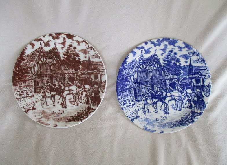 TWO CONSTANTIA FINE CHINA PLATES - THE RED LION - ONE BLUE AND WHITE AND ONE BROWN AND WHITE