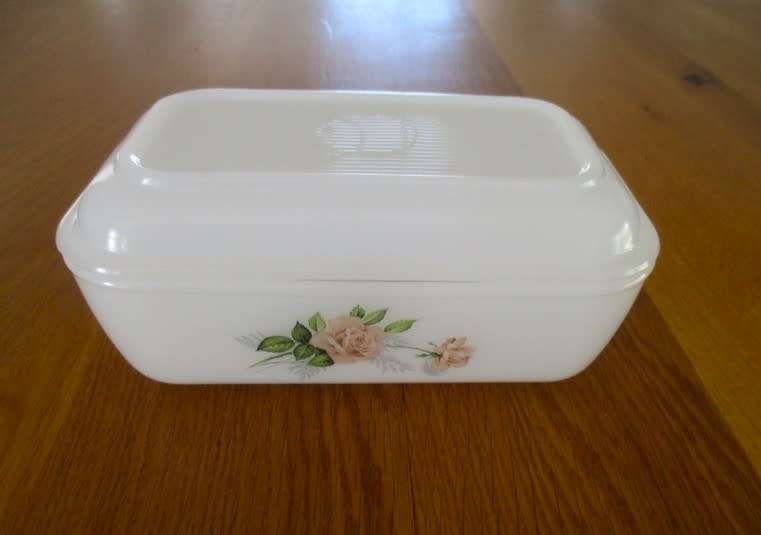 VINTAGE ARCOPAL, FRANCE MILK GLASS BUTTER DISH WITH PINK ROSE DESIGN