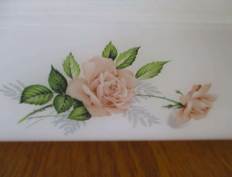 VINTAGE ARCOPAL, FRANCE MILK GLASS BUTTER DISH WITH PINK ROSE DESIGN
