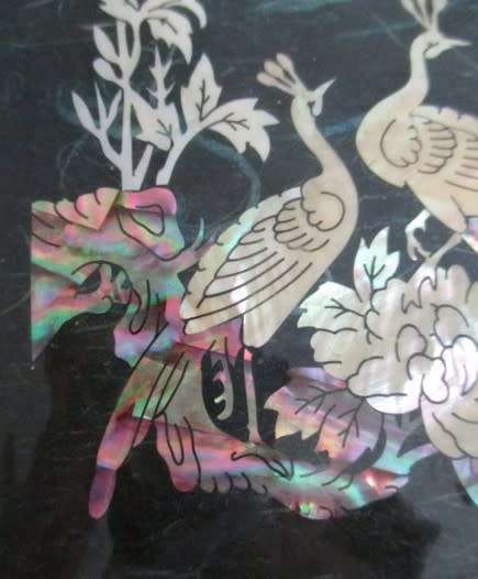 EXCELLENT CONDITION - MUSICAL JEWELLERY BOX WITH MOTHER OF PEARL PEACOCKS, CRANES AND FLORAL DESIGN