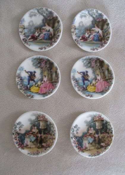 SIX ROMANTIC SCENES VINTAGE JOHNSON, ENGLAND FINE CHINA TINY PLATES/BUTTER PATS